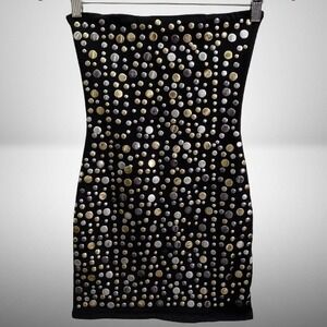 NEW Sky Black Studded Strapless Bodycon Tube Mini Dress Gold Silver Black Small